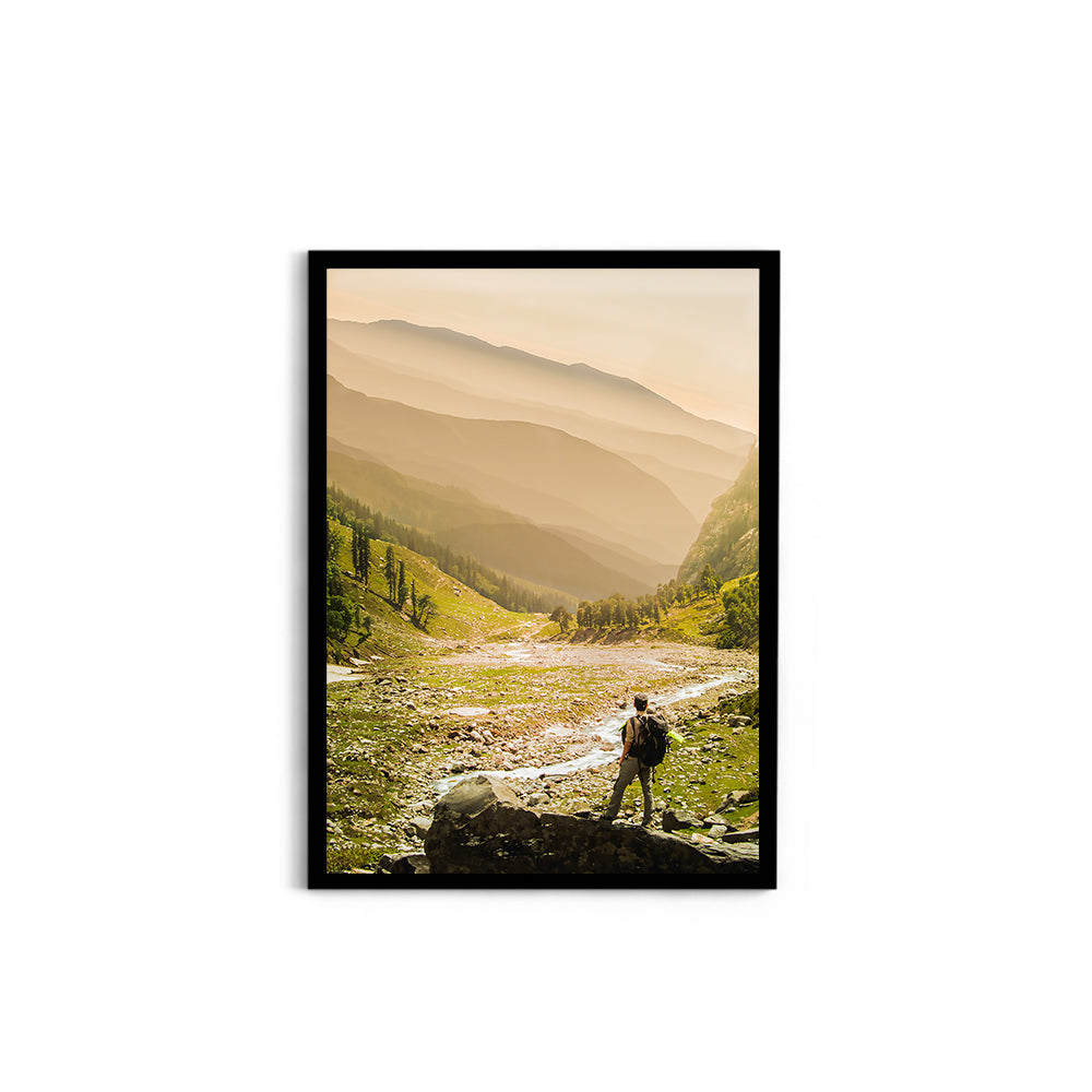 Hiker on rock end above valley - Hampta Pass - Wall Photo Frame by Jeet Khagram