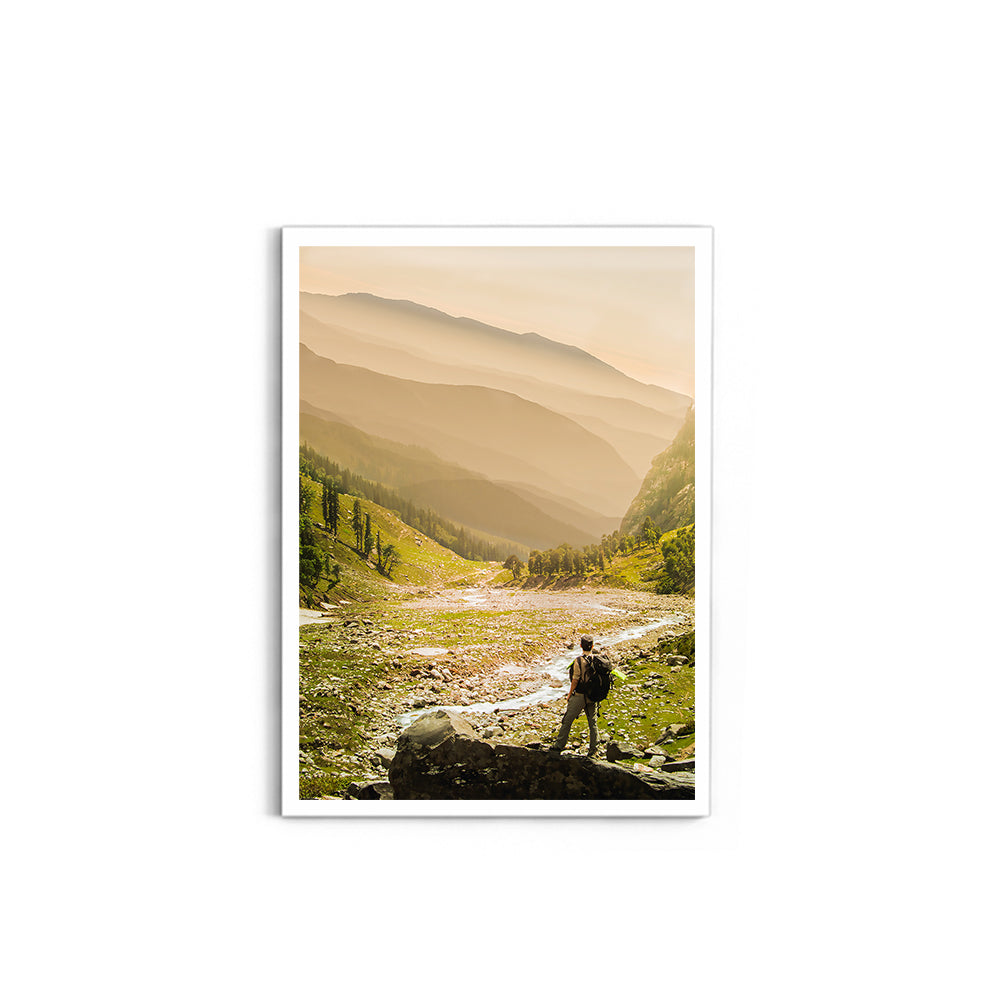 Hiker on rock end above valley - Hampta Pass - Wall Photo Frame by Jeet Khagram