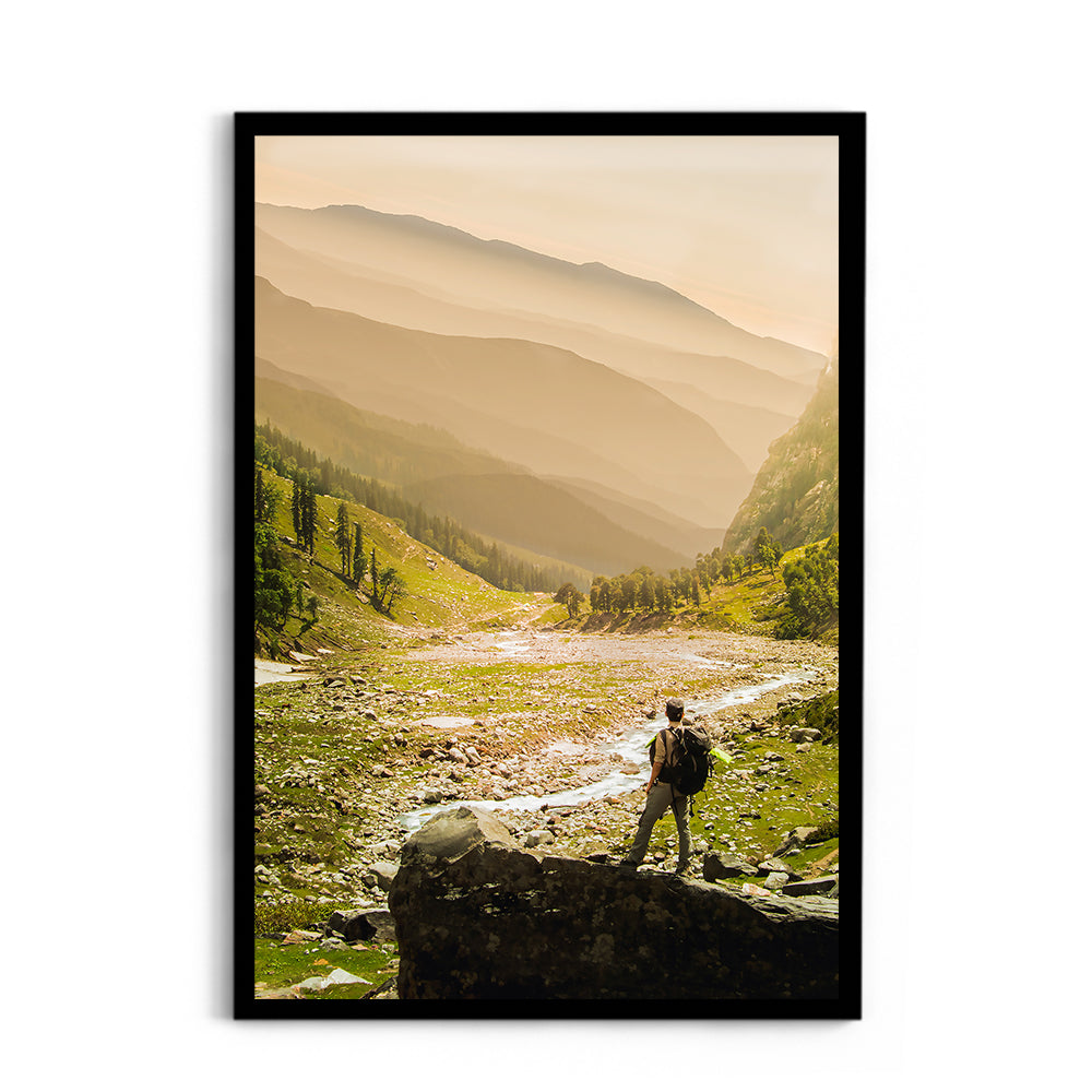 Hiker on rock end above valley - Hampta Pass - Wall Photo Frame by Jeet Khagram