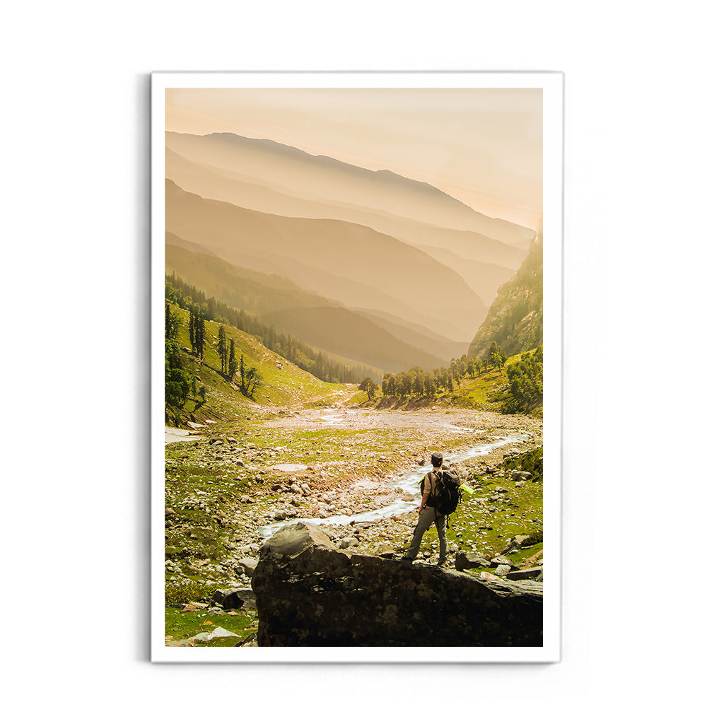 Hiker on rock end above valley - Hampta Pass - Wall Photo Frame by Jeet Khagram