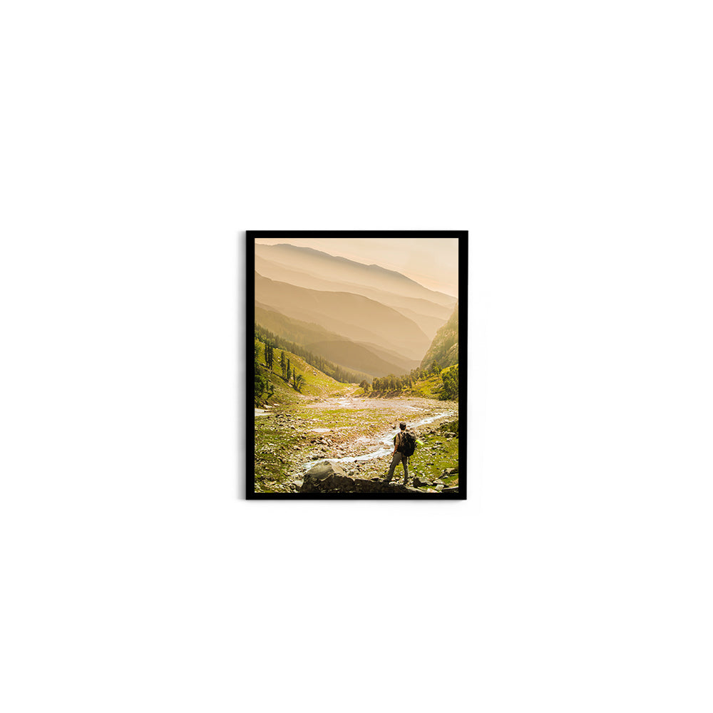 Hiker on rock end above valley - Hampta Pass - Wall Photo Frame by Jeet Khagram